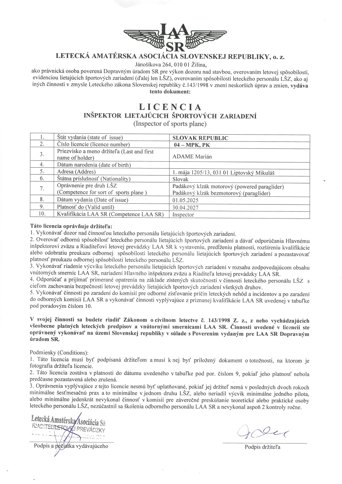 Inšpektorská /Inštruktorská/ licencia paraglidingu