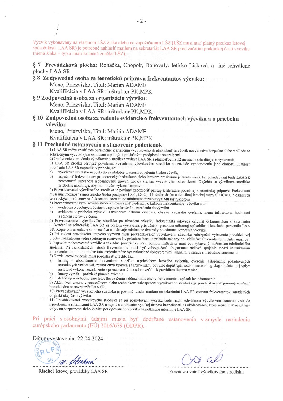 Povolenie - výcvikové stredisko paraglidingu MPK