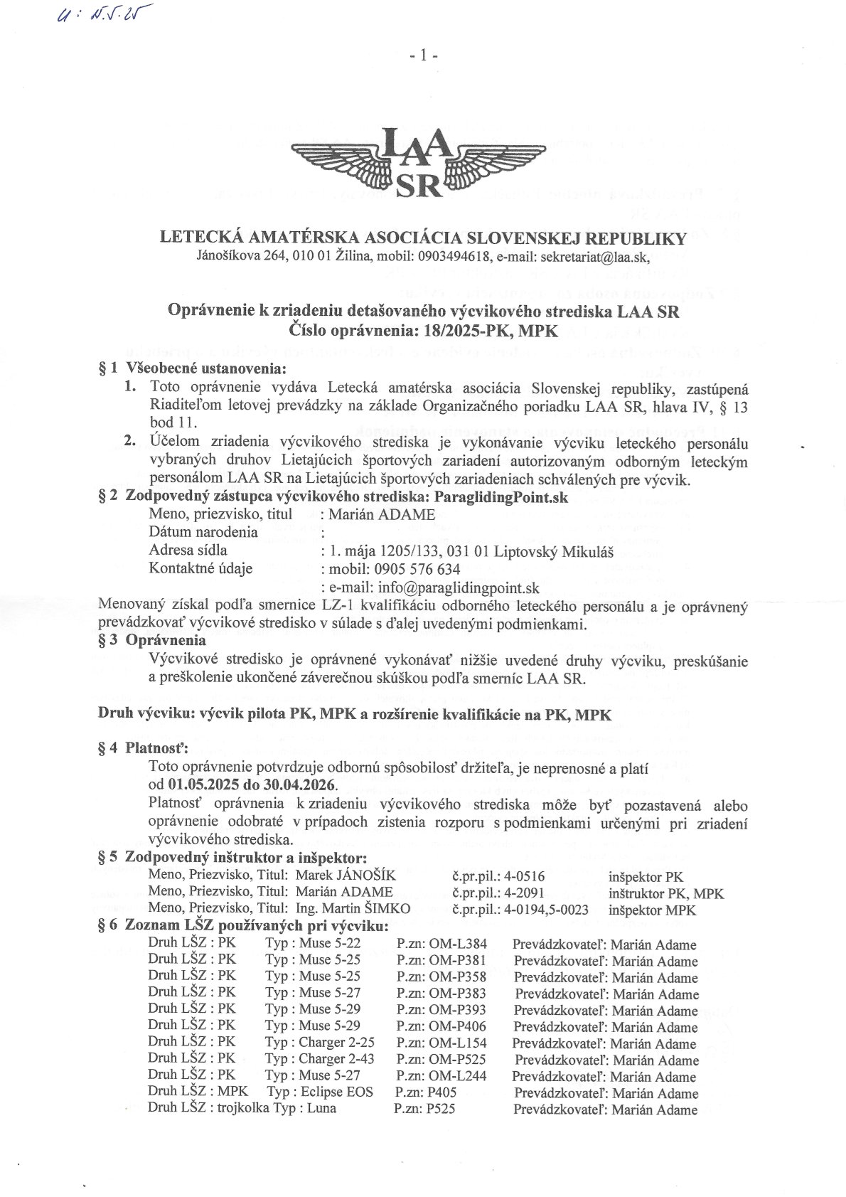 Povolenie - výcvikové stredisko paraglidingu PK