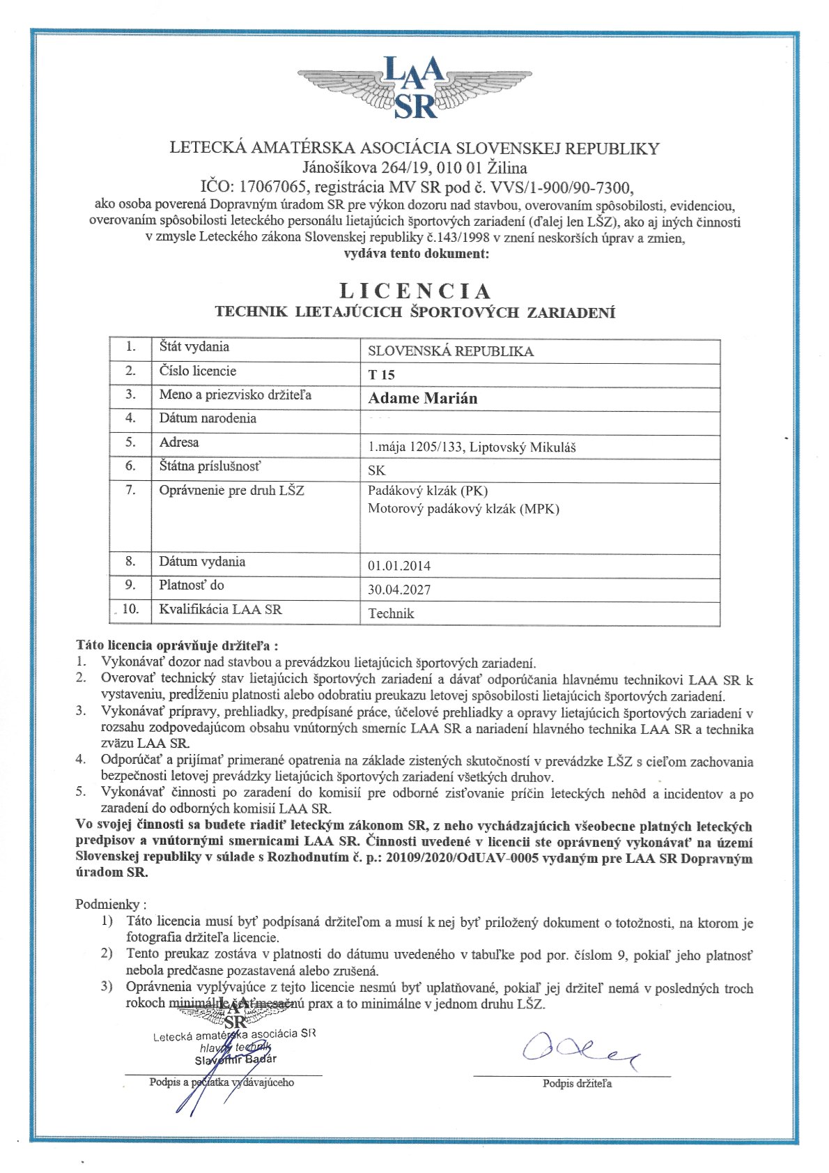 Certifikát servisného technika paraglidingu